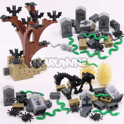 MARUMINE Halloween Building Blocks Set 99-265pcs Graveyard Grave Tombstone Construction Decoration Bricks with Bat Spider Snake