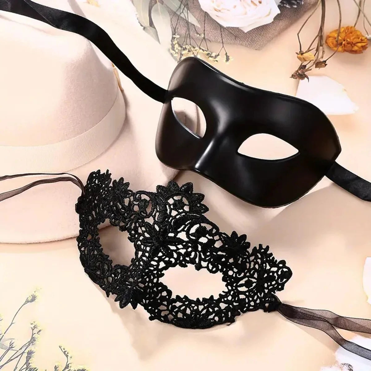 Black Lace Masquerade Mask Set Couples Party Costume