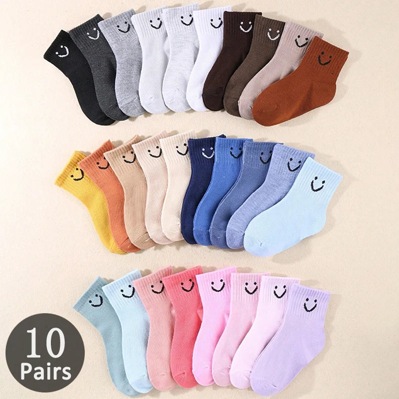 Smiling Face Pattern Children Socks 10 Pairs Solid Color