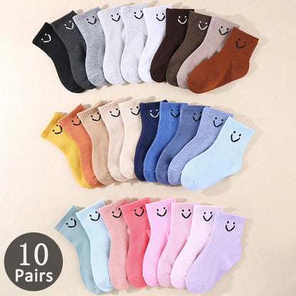 Smiling Face Pattern Children Socks 10 Pairs Solid Color
