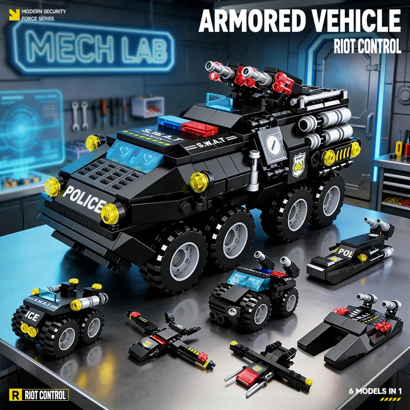 6 in 1 Military Building Blocks Tiger Police Car Armored Vehicle Aircraft Set Boys DIY Construction Toys Christmas Birthday Gift