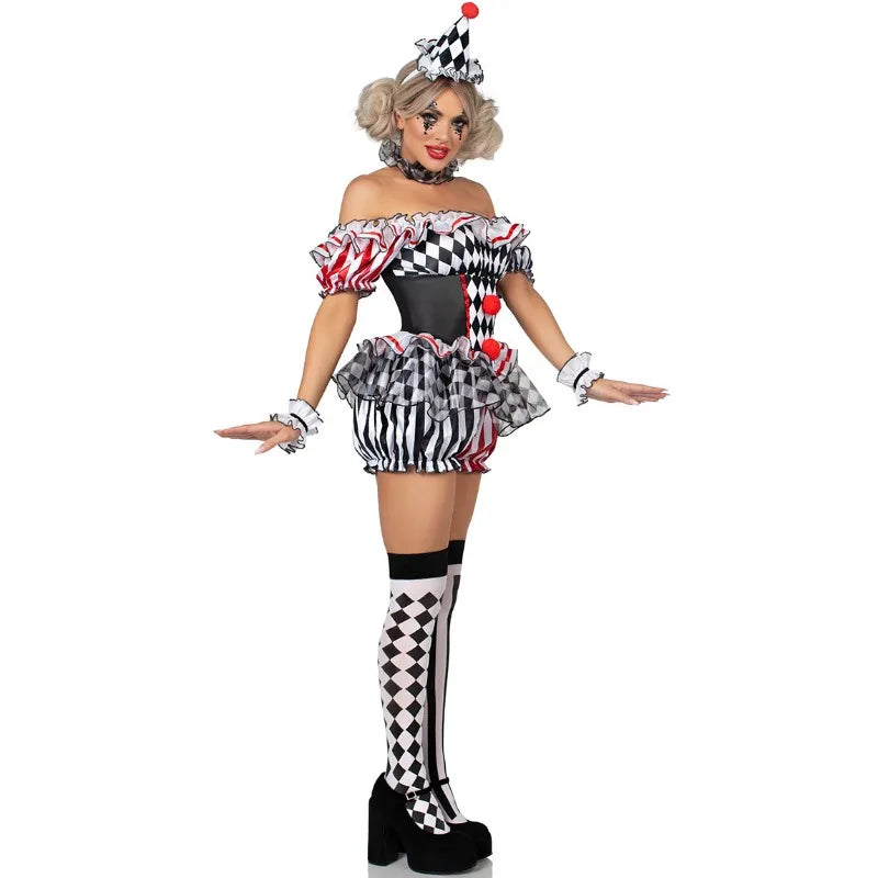 Women Clown Cosplay Costume Circus Performance Outfit Role Play Uniform Halloween Party Carnival Jester Dress Theater Stage Suit
