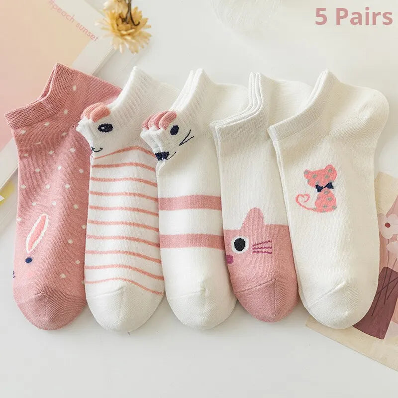 Women Short Tube Socks Pink Cat Cute Boat Socks 5 Pack