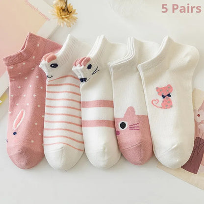 Women Short Tube Socks Pink Cat Cute Boat Socks 5 Pack