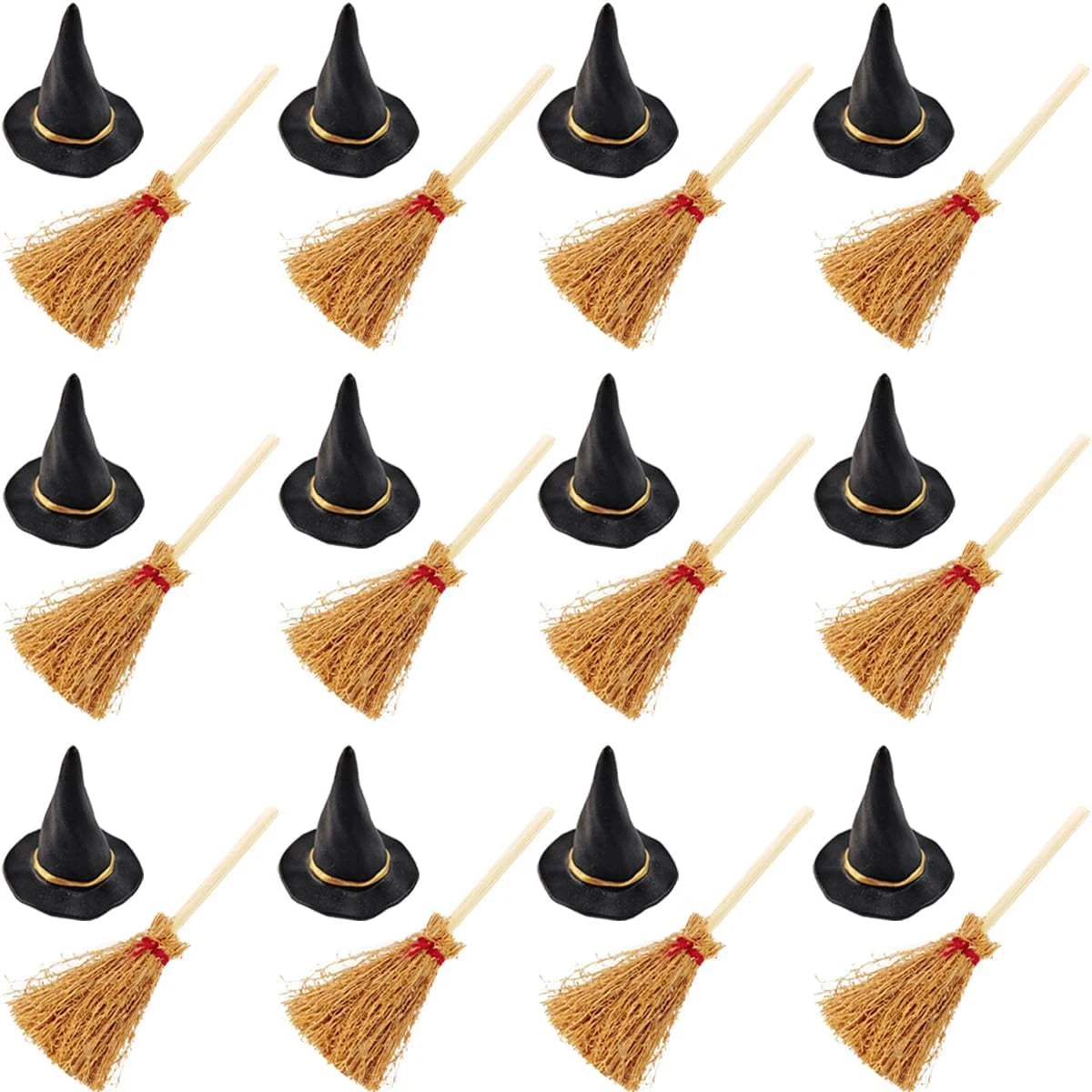 10-100Pcs Mini Witch Hat with Mini Broom Miniature Straw Brooms with Red Rope for Halloween Party Craft Witches Decor Accessory
