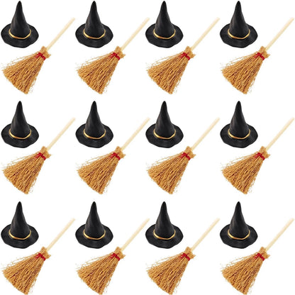 10-100Pcs Mini Witch Hat with Mini Broom Miniature Straw Brooms with Red Rope for Halloween Party Craft Witches Decor Accessory