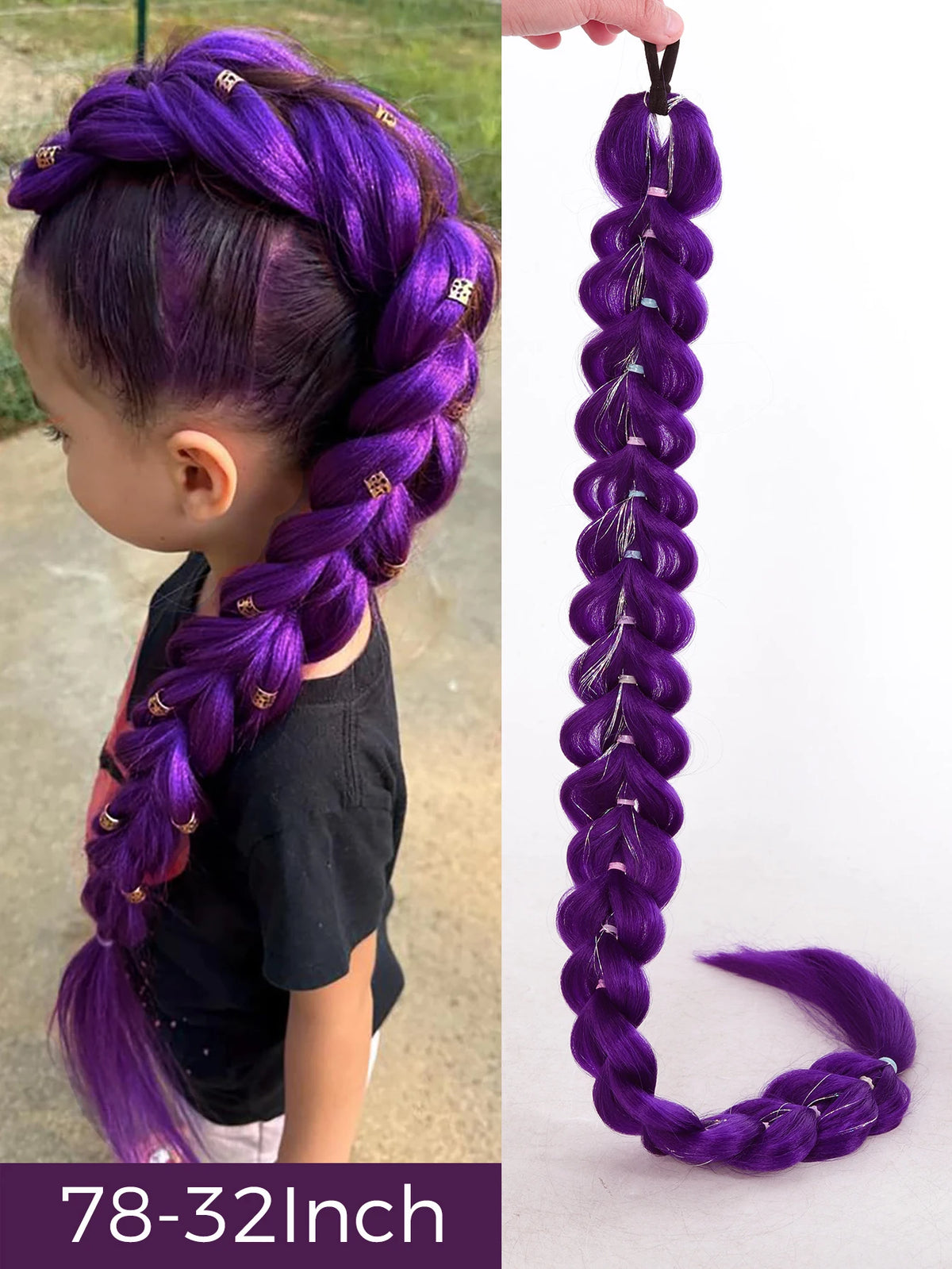 Braided Purple Hair Ponytail with Tinsel Shiny Extension 32"