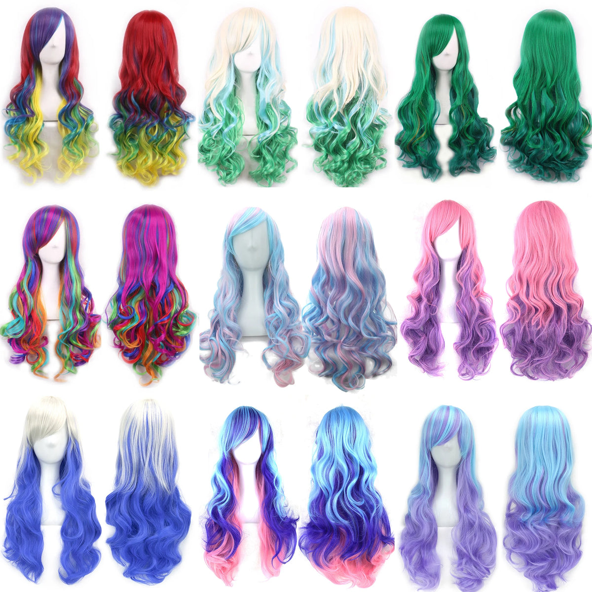 Soowee Synthetic Hair Ombre Rainbow Cosplay Wig with Bangs Red Yellow Purple Green Blue Wigs for Black Women