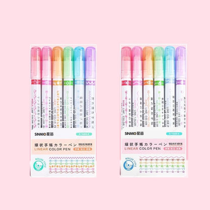 Curve Liner Highlighter Pen Set Roller Tip Pattern Markers 6Pcs