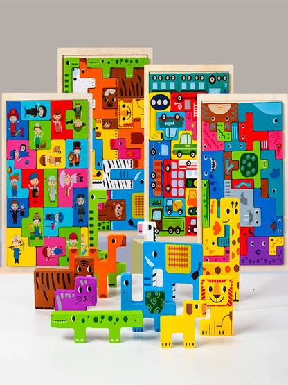 Wooden Russian Blocks Puzzle Animal Transportation Toy