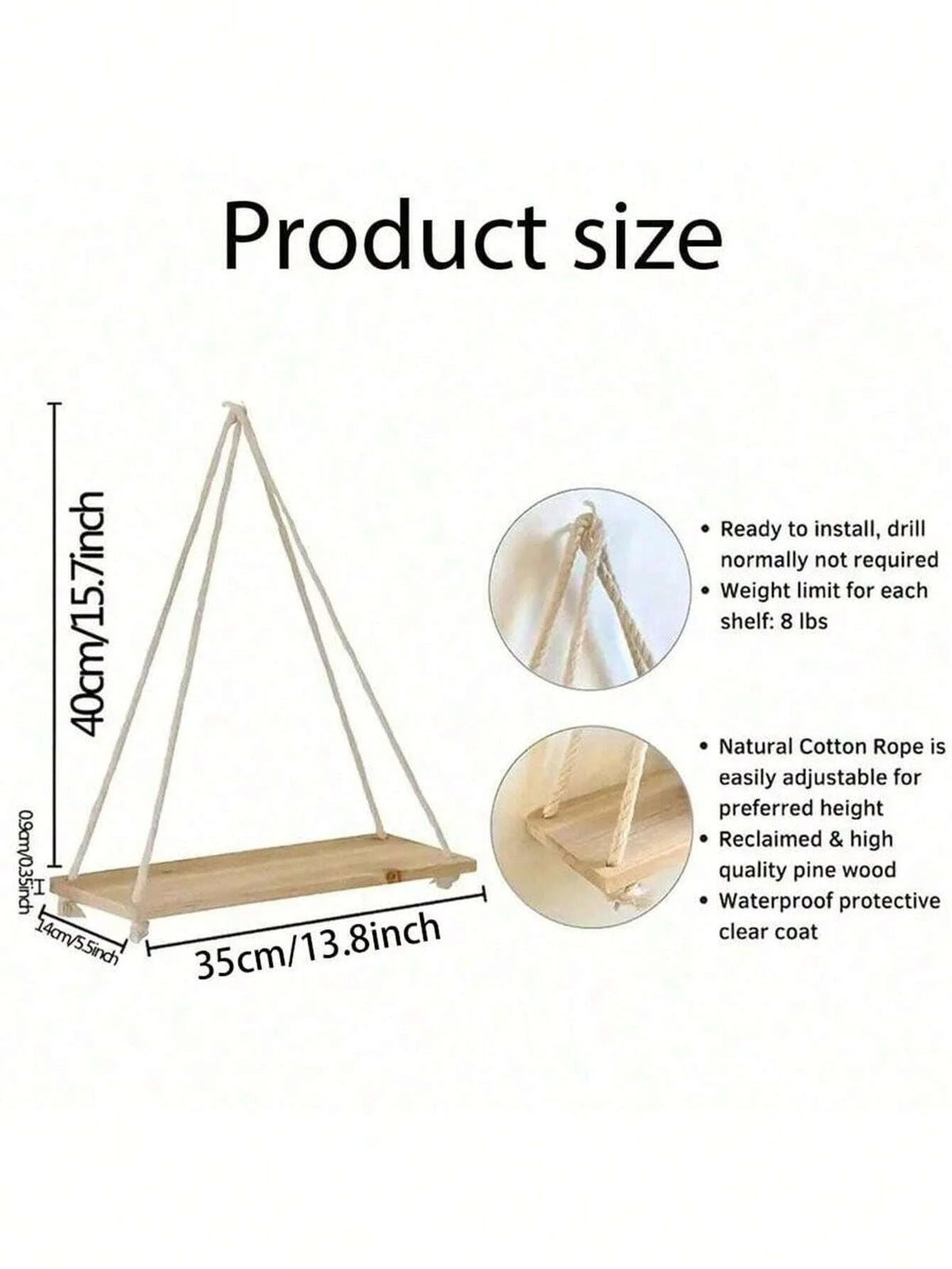 Wooden Swing Hanging Hemp Rope Shelf Floating Plant Tray