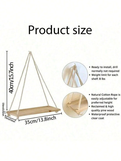 Wooden Swing Hanging Hemp Rope Shelf Floating Plant Tray