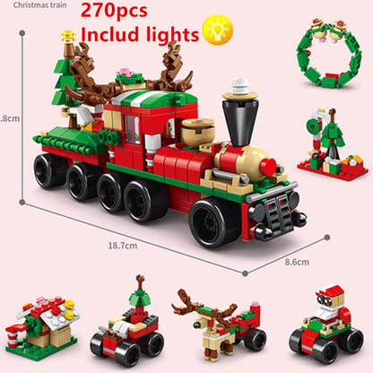 DIY 8in1 Lights Christmas Elk Deer Santa Claus Train Architecture Store Street View Xmas Tree Snow House Building Block Kit Toy
