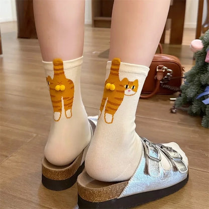 3D Cute Cat Print Floor Socks Women Mid Tube Sleep