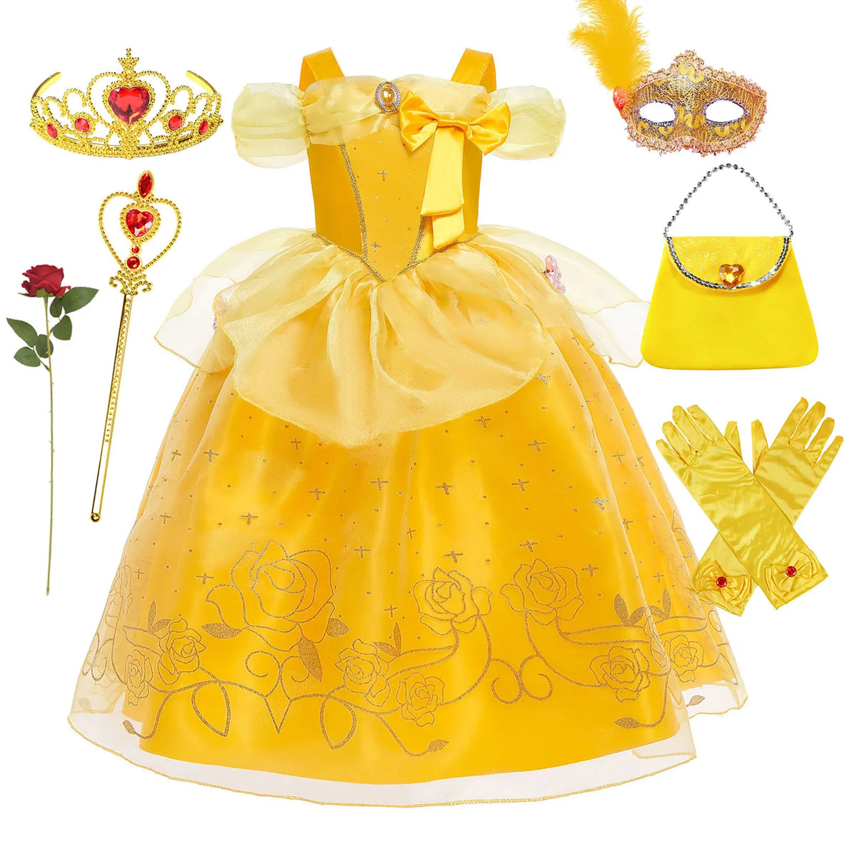 Yellow Princess Halloween Cosplay Dress Kids Carnival Gown