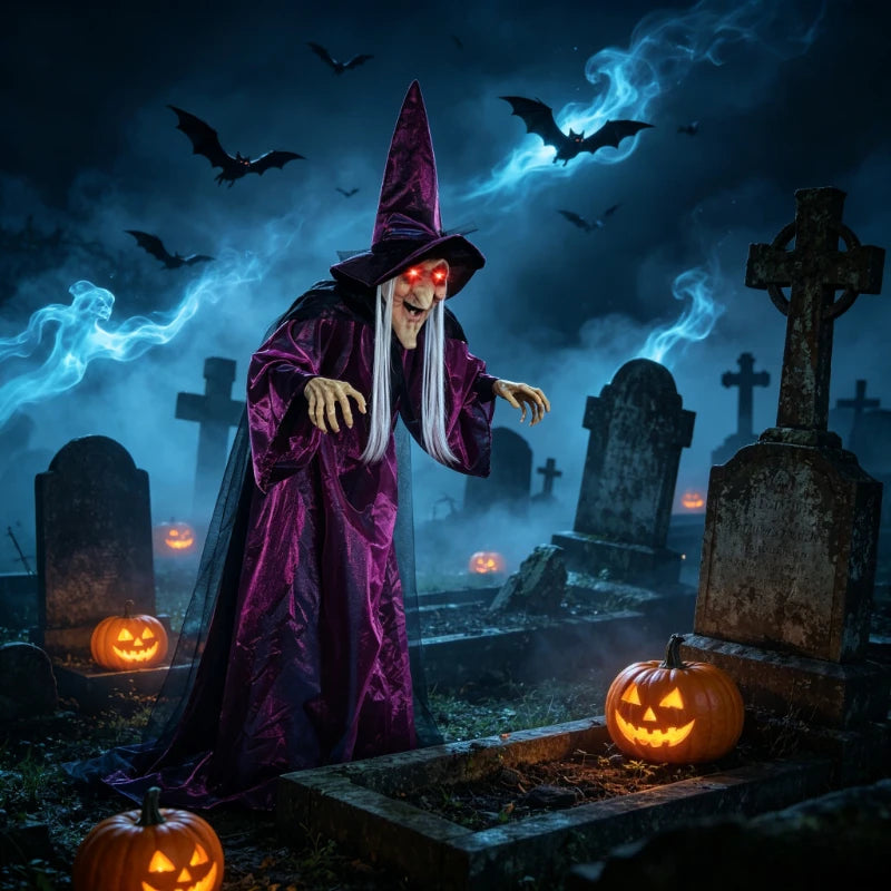Halloween Life Size Talking Witch Purple Outdoor Spooky Scary Witch Animatronic Voice Controlled Glowing Screaming Decoration