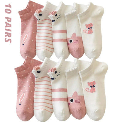 Women Short Tube Socks Pink Cat Cute Boat Socks 5 Pack