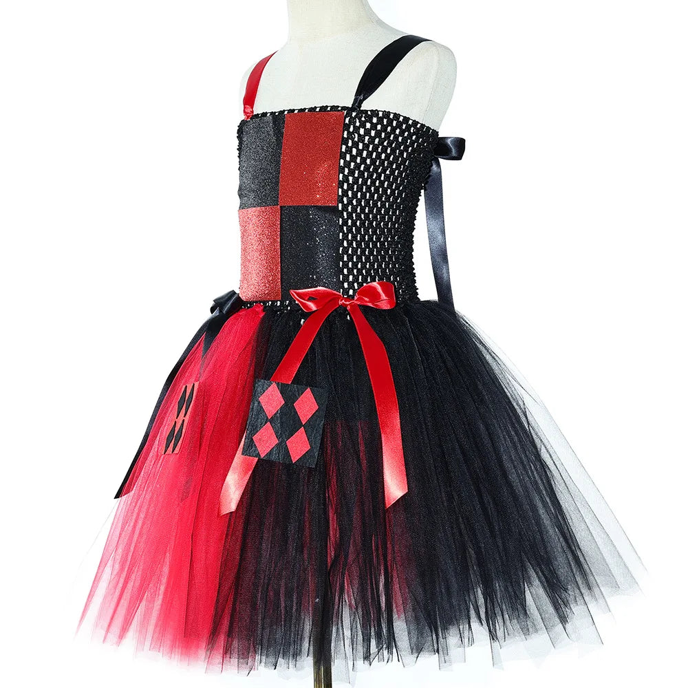 Red Black Clown Halloween Costume for Girls Circus Performance Fancy Dress for Kids Carnival Party Outfit Children Joker Clothes