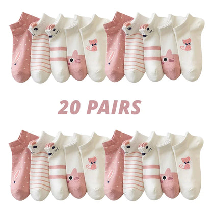 Women Short Tube Socks Pink Cat Cute Boat Socks 5 Pack