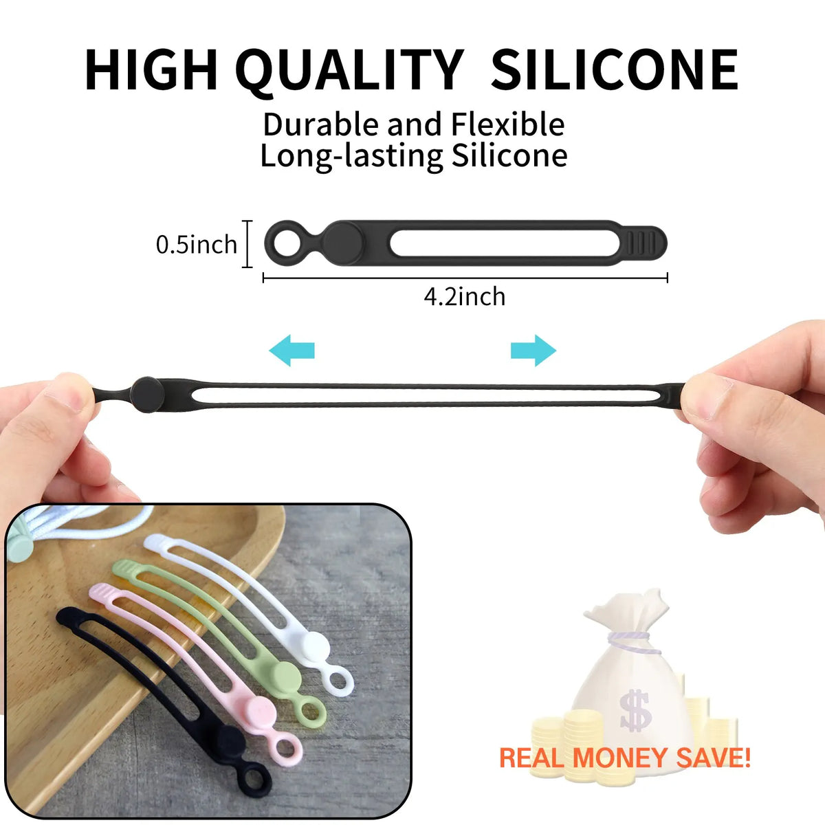 Silicone Cable Ties Reusable Cord Organizer Elastic Wire Straps