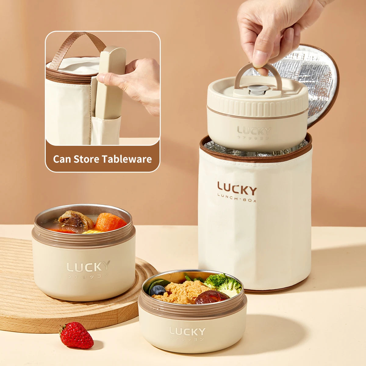 WORTHBUY 304 Stainless Steel Keep Warm Lunch Box For Student Kids Leak-proof Round Insulated Food Jar For Cold And Hot Food