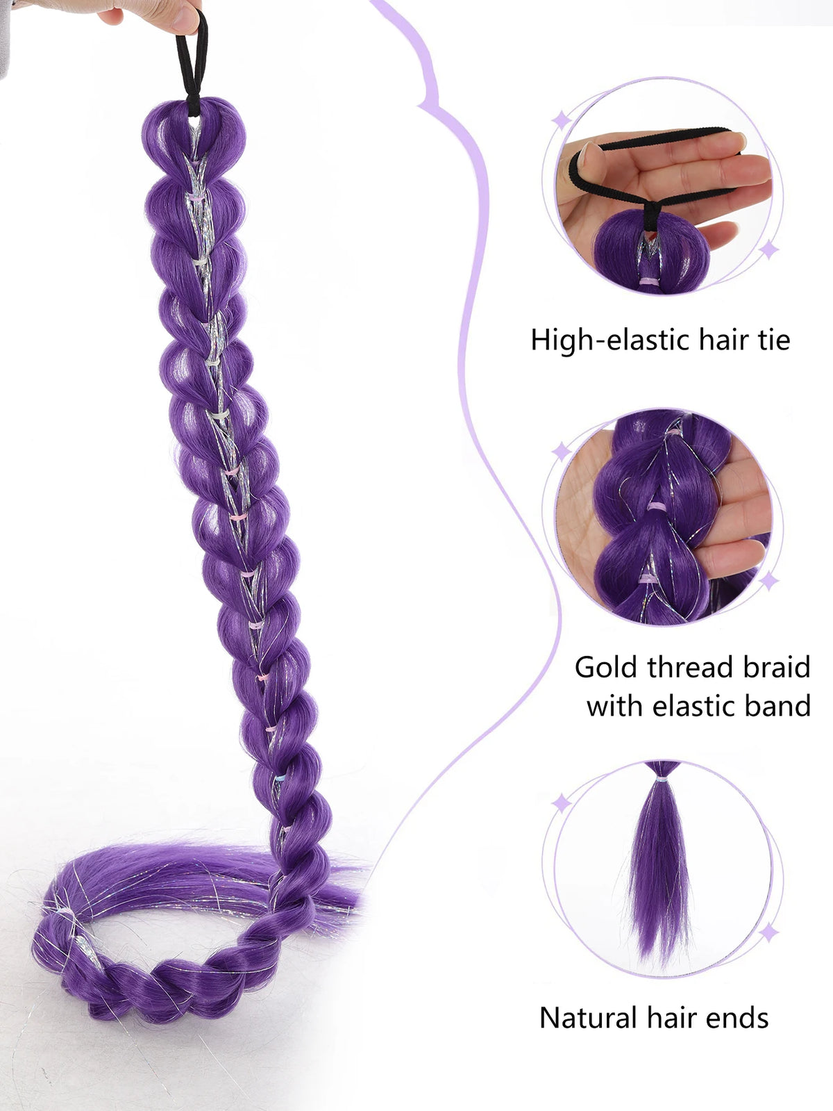 Braided Purple Hair Ponytail with Tinsel Shiny Extension 32"