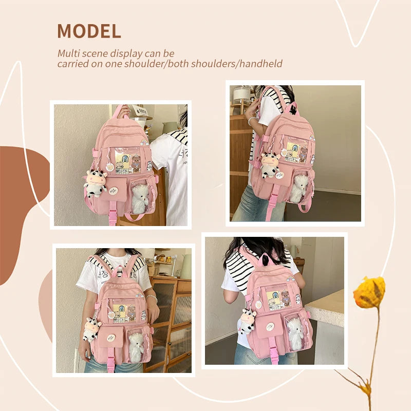 New Cute Nylon Backpack Suitable for Young Girls, Female Students, and Ladies, Multi-Pocket Student Backpack