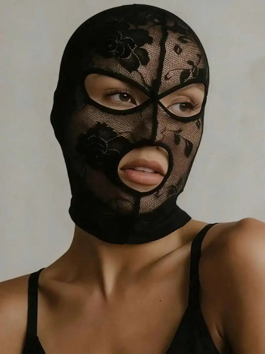 Unisex Full Face Venetian Gothic Lace Mask With Eye Mouth Openings,Black Mesh Headpiece