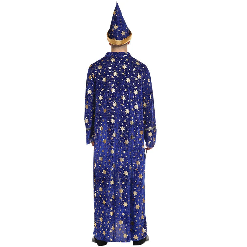 [Halloween Costume for Men and Women] Adult Wizard Cosplay Magician Performance Costume Blue Starry Robe + Pointed Hat Set Stars