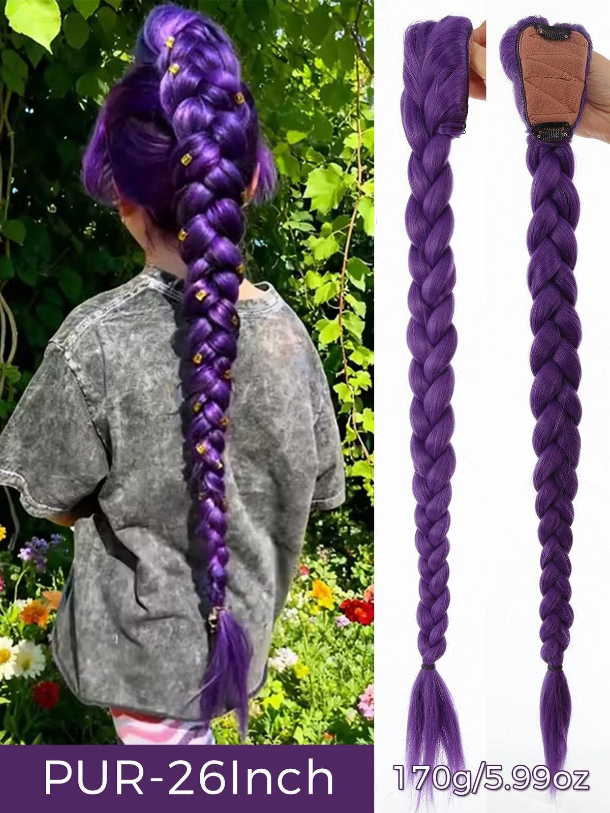 Braided Purple Hair Ponytail with Tinsel Shiny Extension 32"