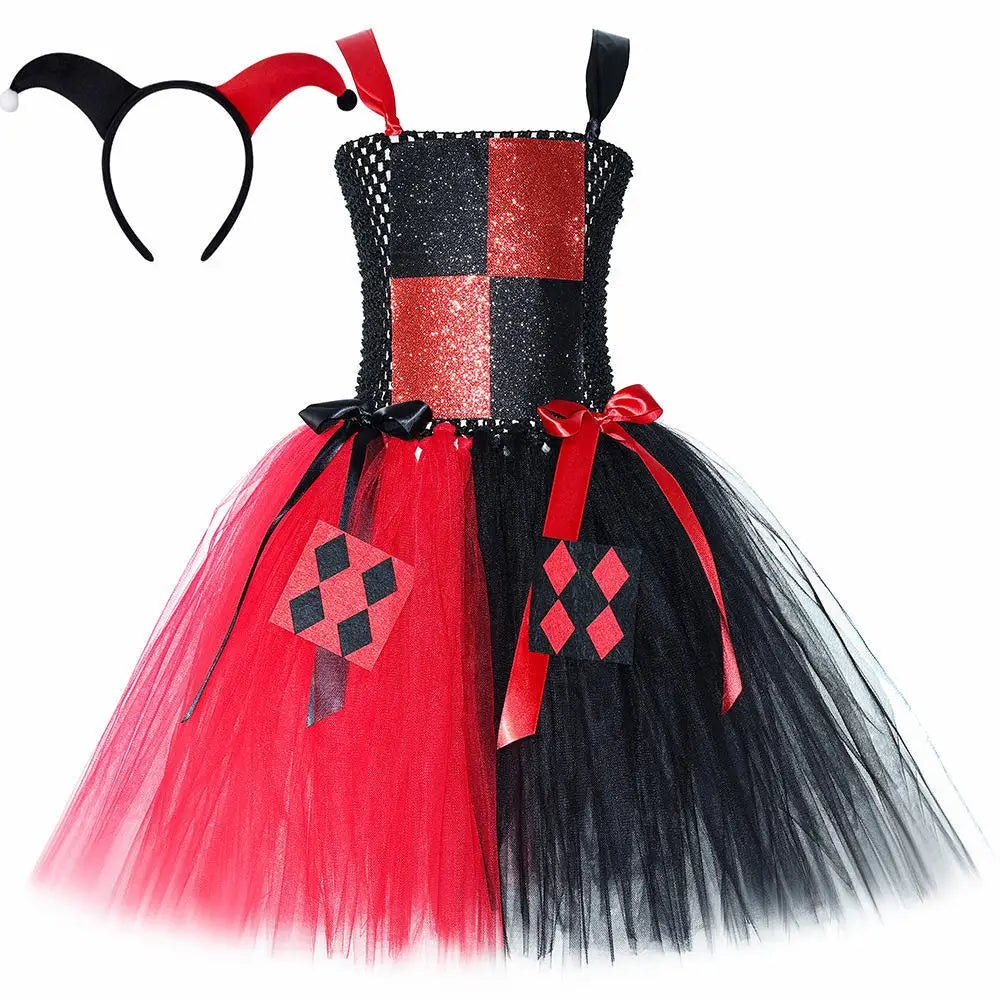 Red Black Clown Halloween Costume for Girls Circus Performance Fancy Dress for Kids Carnival Party Outfit Children Joker Clothes