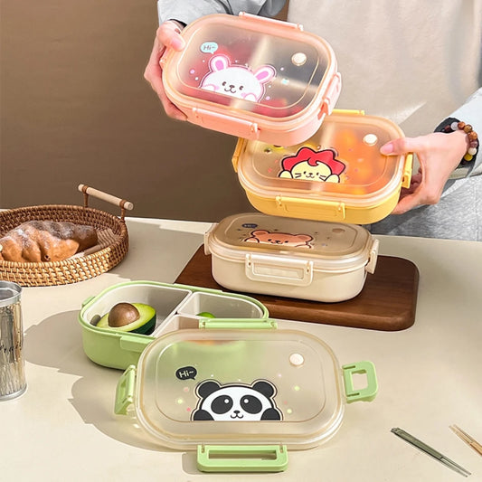 WORTHBUY Portable Plastic Lunch Box With Detachable 3-Compartments Cute Divided Food Container For Kids Students Microwave Safe