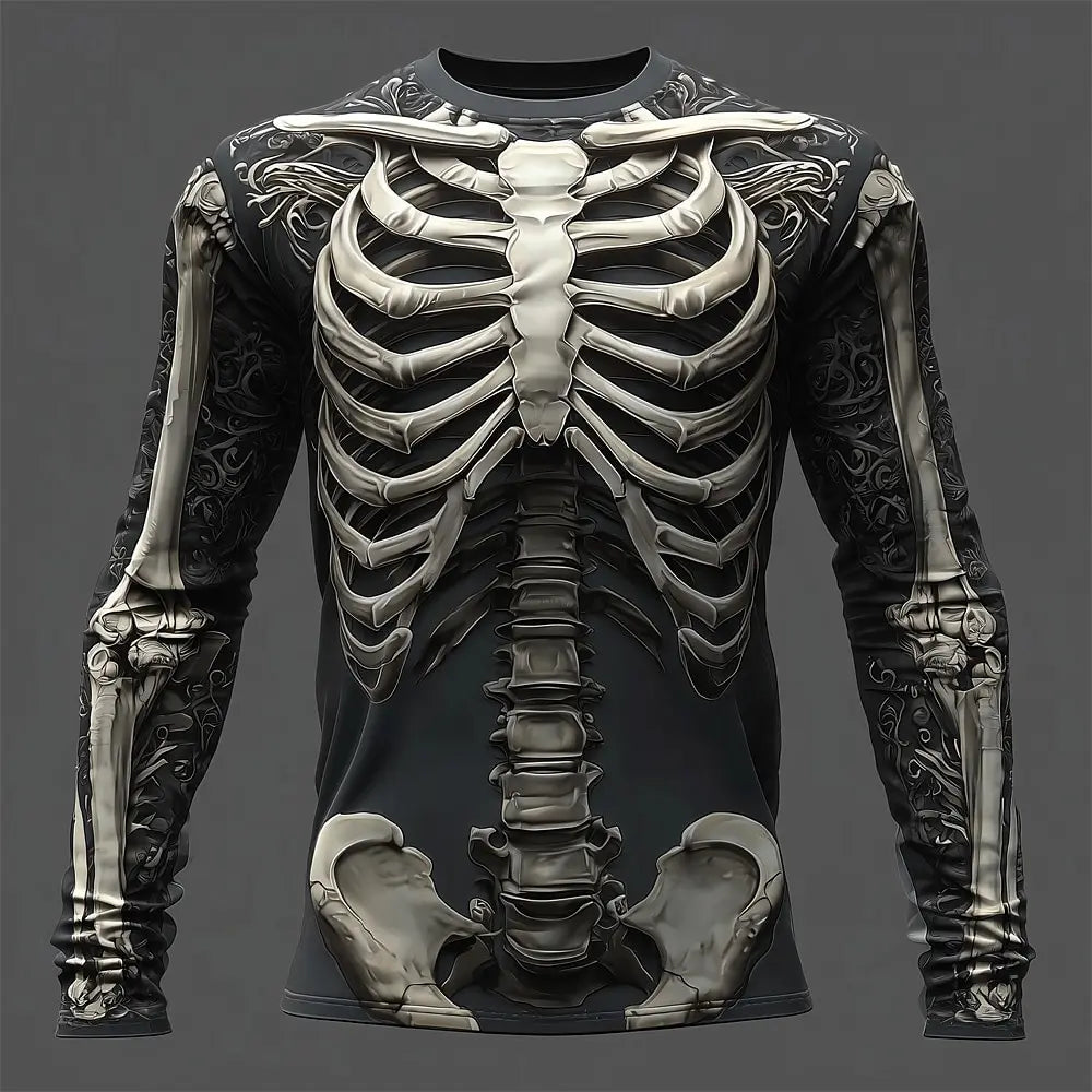 Skeleton Print Long Sleeve Shirt Gothic Streetwear Tee