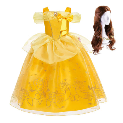 Yellow Princess Halloween Cosplay Dress Kids Carnival Gown