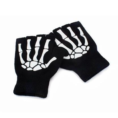 New Punk Gloves Unisex Halloween Skeleton Skull Half Finger Gloves Glow in The Dark Fingerless Stretch Knitted Winter Mittens