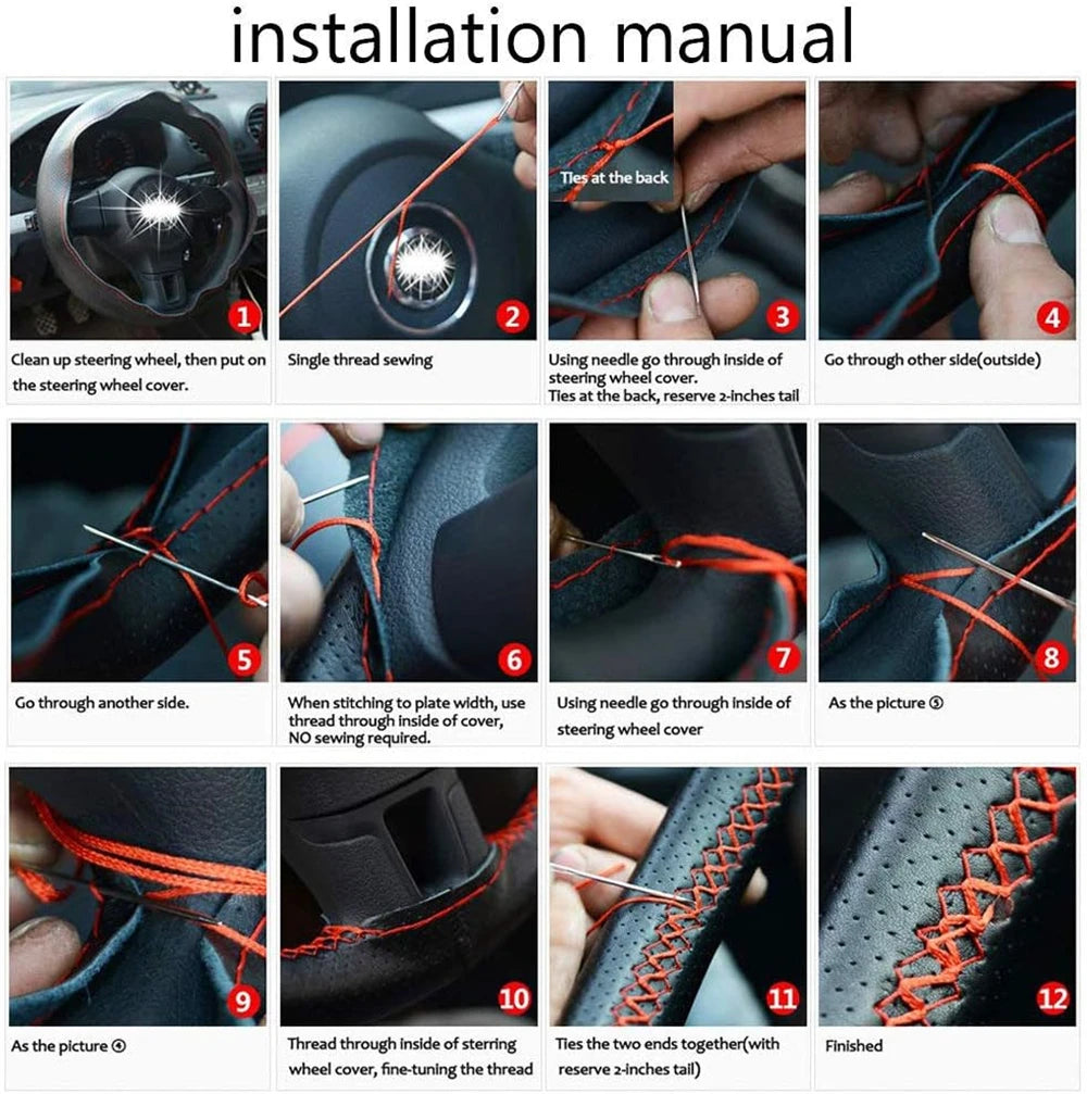 Braid Steering Wheel Cover Leather Hand Sewing Kit 38cm