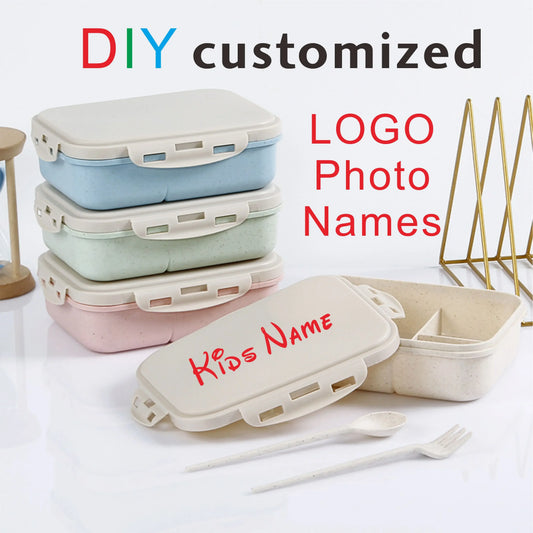 Snack Box Customized Lunch Box for Kids Children Name LOGO Cartoon Pattern Cute Picture Photo with Spoon Fork Eco Material Gift