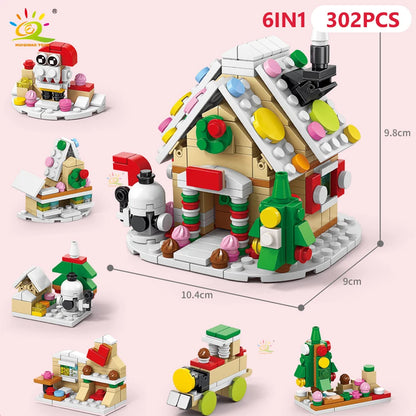 HUIQIBAO 6IN1 Christmas Elk Deer Santa Claus Building Blocks City Snow House Xmas Tree Bricks Set Toys for Children Kids Gift