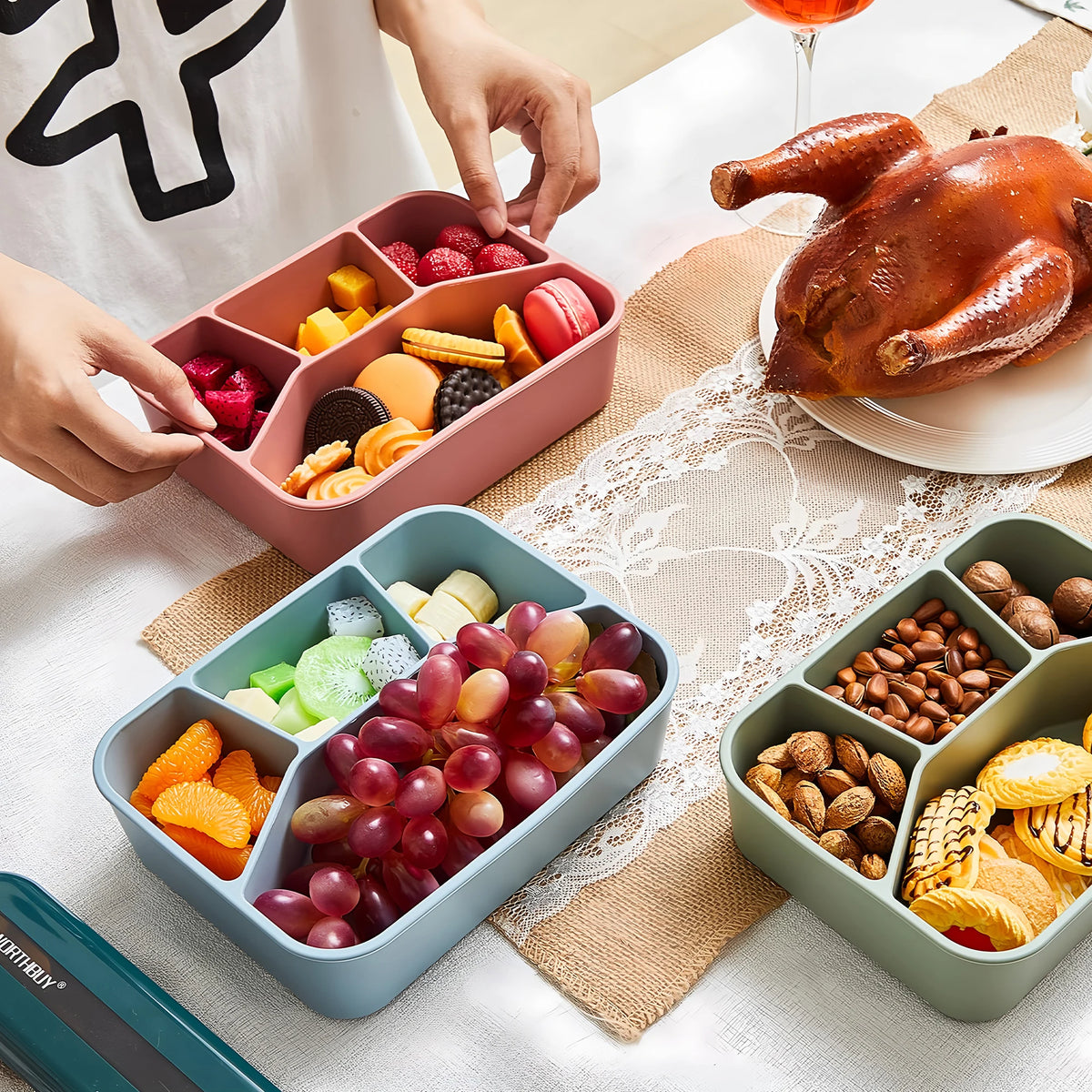 Silicone Bento Box,FourCompartments,Reusable Silicone Lunch Box,Thickened and Leak-Proof Food-Grade Divided Lunch back to school