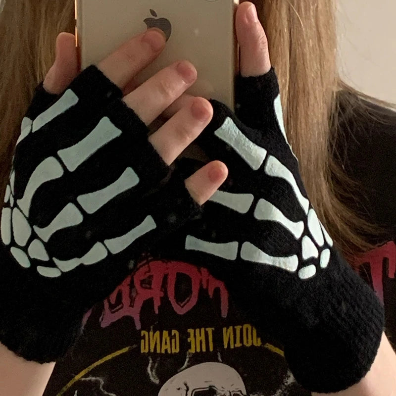 New Punk Gloves Unisex Halloween Skeleton Skull Half Finger Gloves Glow in The Dark Fingerless Stretch Knitted Winter Mittens
