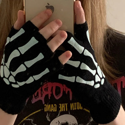 New Punk Gloves Unisex Halloween Skeleton Skull Half Finger Gloves Glow in The Dark Fingerless Stretch Knitted Winter Mittens